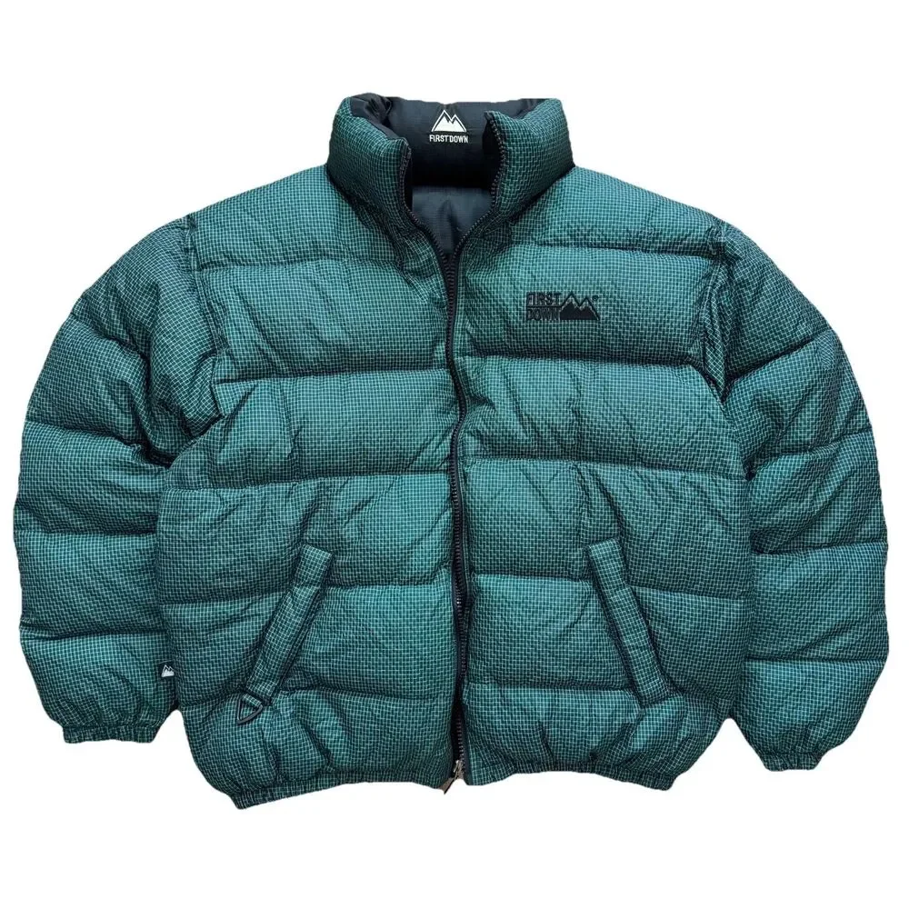 Vintage 90s First Down Men XL Duck Down Puffer Coat Reversible Green Black